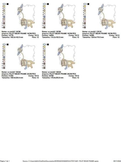 Layout sheet with ITH pilot bear applique design steps, four thumbnail placements showing hooping and assembly
