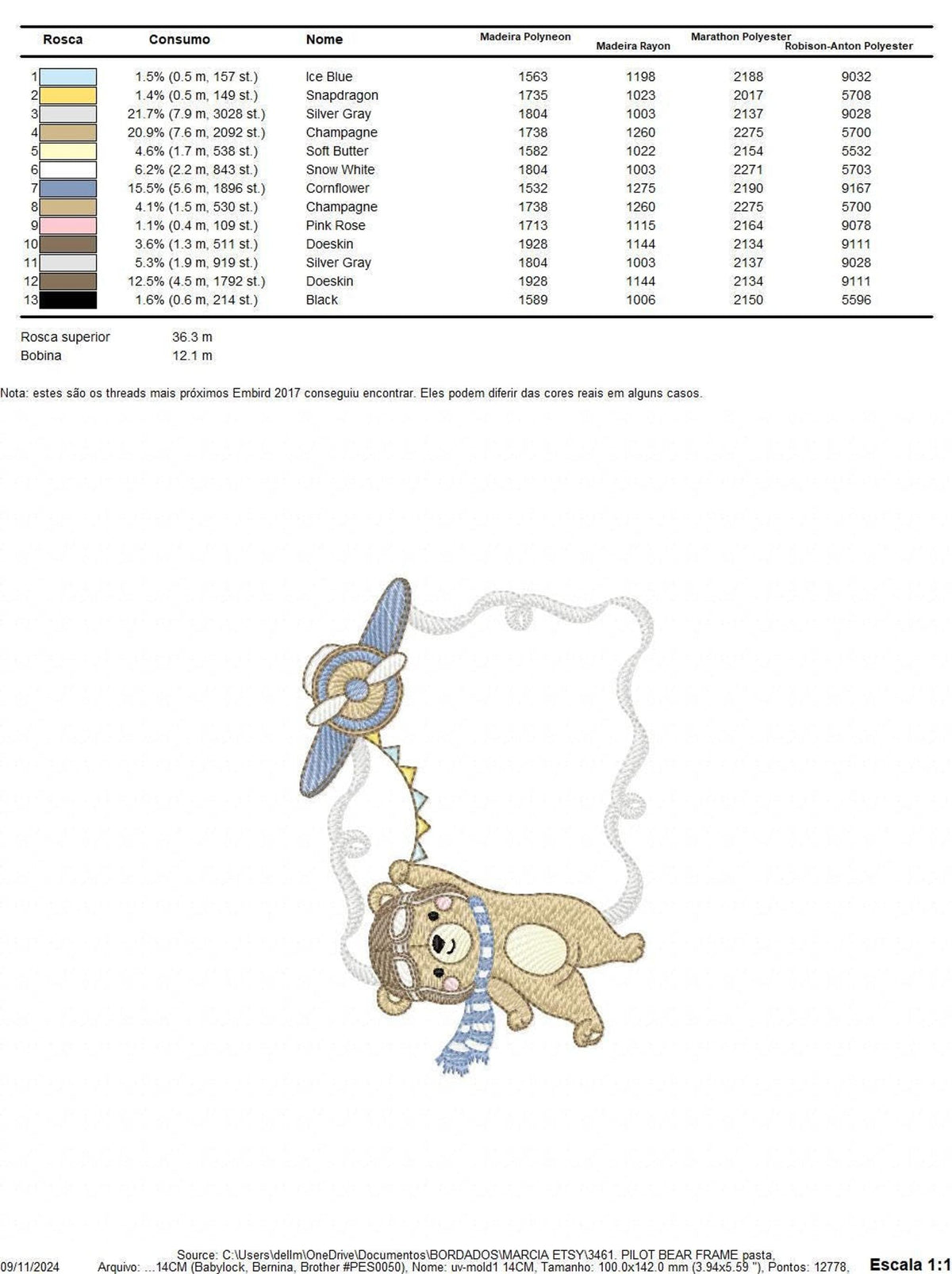 Stitch chart and color totals for digital download embroidery file, thread codes, stitch counts and color blocks