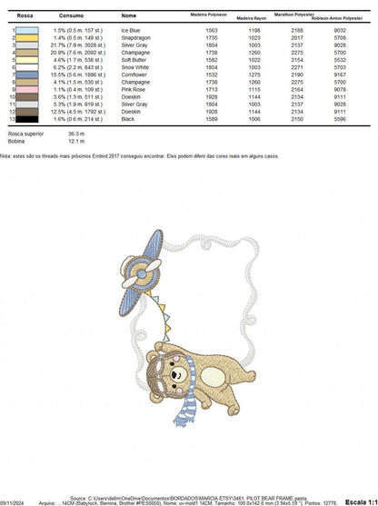 Stitch chart and color totals for digital download embroidery file, thread codes, stitch counts and color blocks