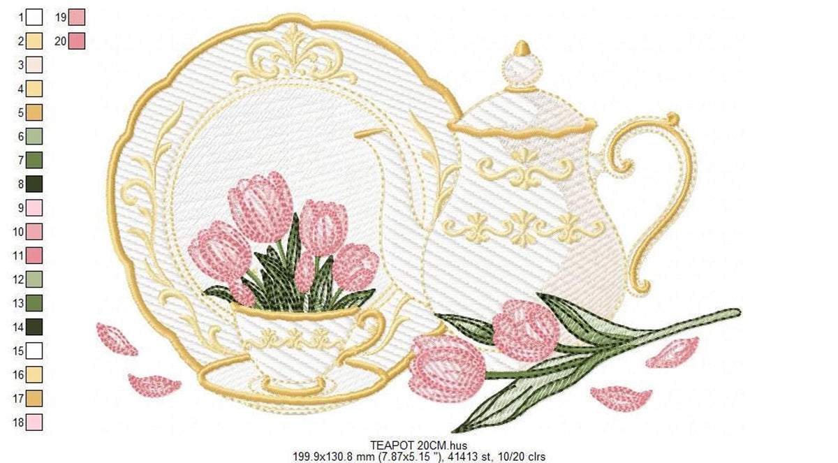 Full scale layout of teapot and teacup embroidery design, stitch counts and format labels visible beneath artwork