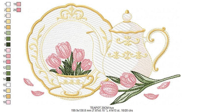 Full scale layout of teapot and teacup embroidery design, stitch counts and format labels visible beneath artwork