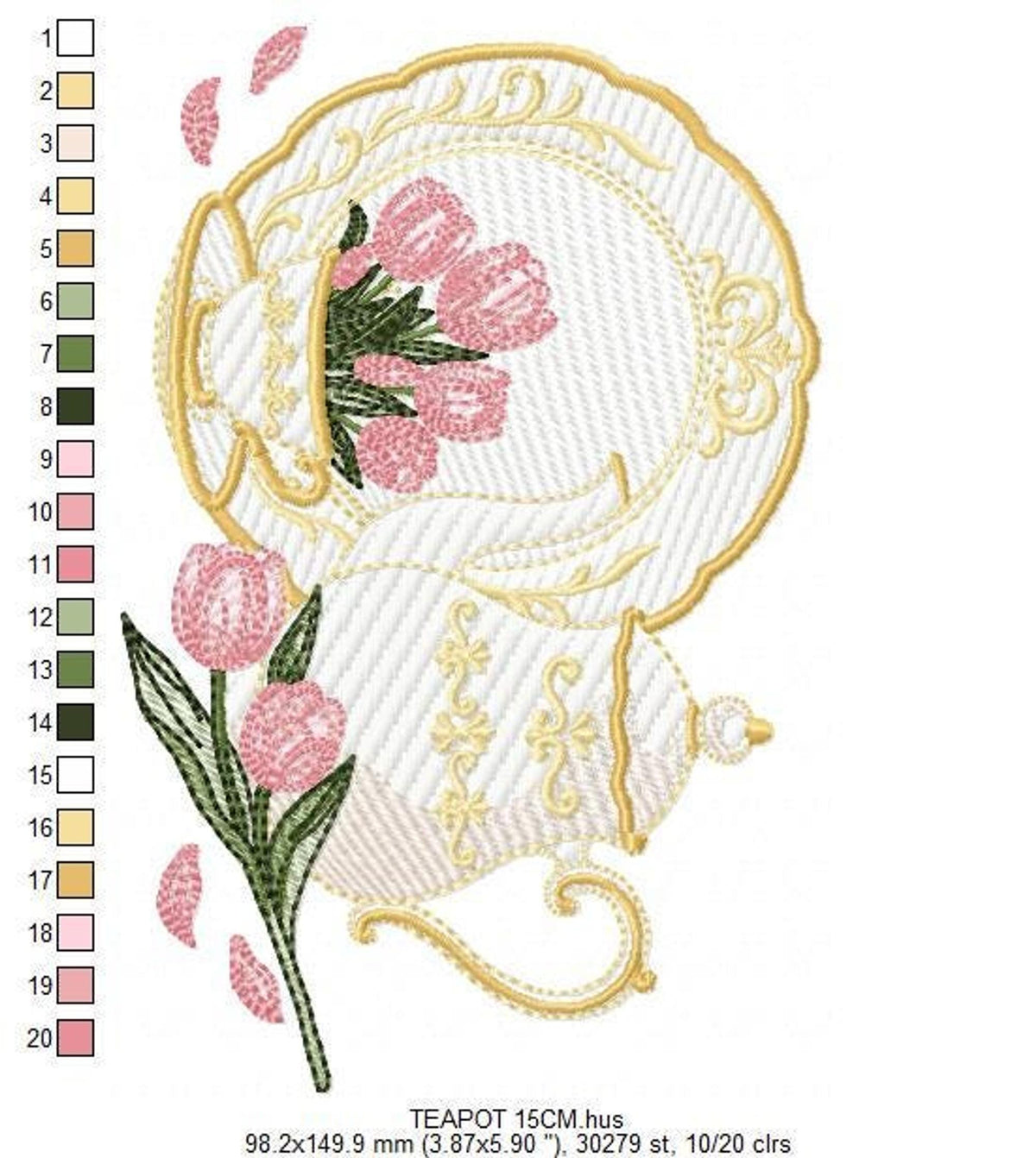 Tall close-up plate and tulip sprig in teapot and teacup embroidery design, rippled satin fills, delicate gold trim