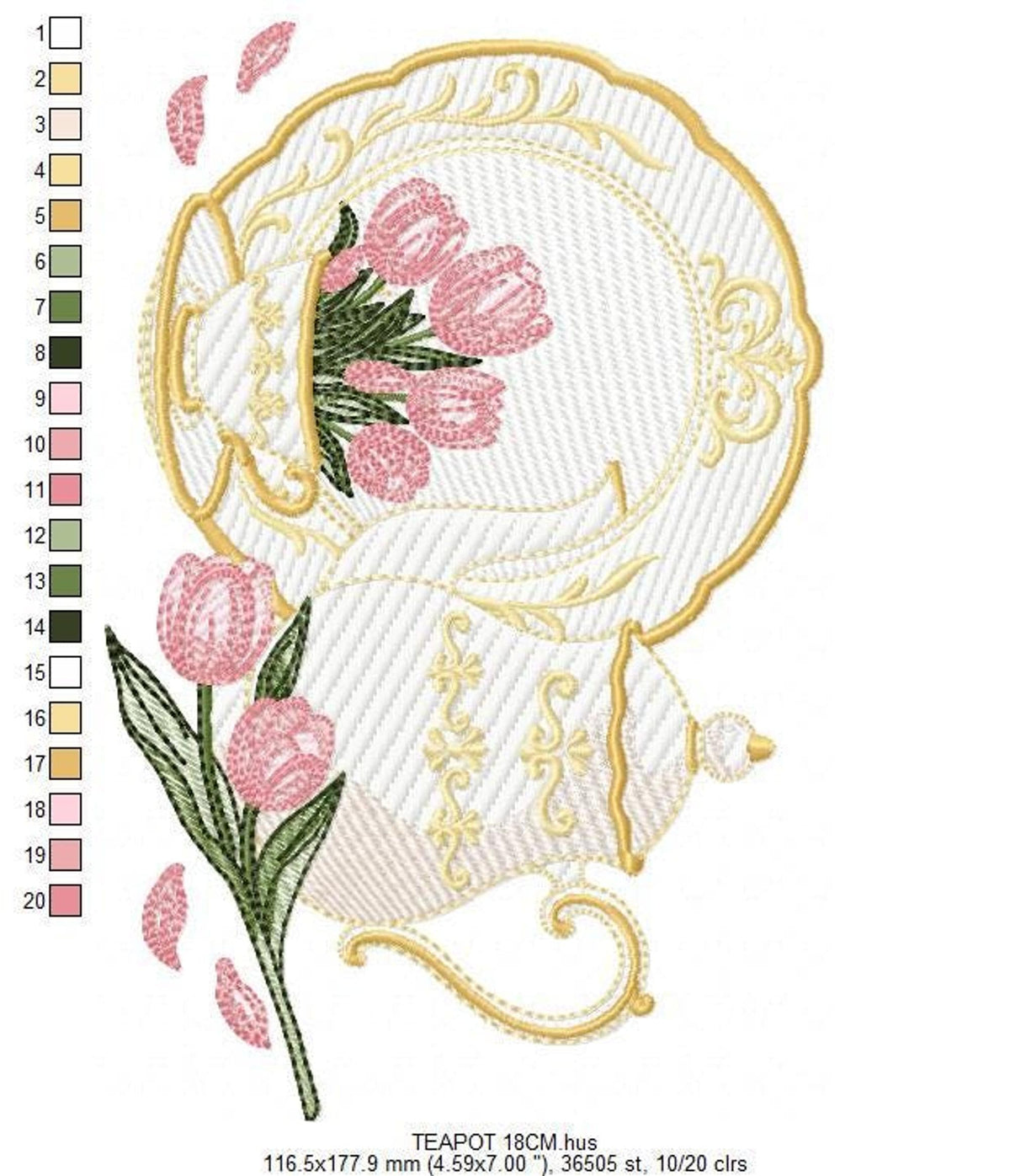 Alternate orientation of teapot and teacup embroidery design, tea party embroidery pattern preview, color legend at left