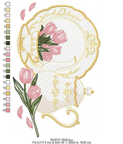 Alternate orientation of teapot and teacup embroidery design, tea party embroidery pattern preview, color legend at left