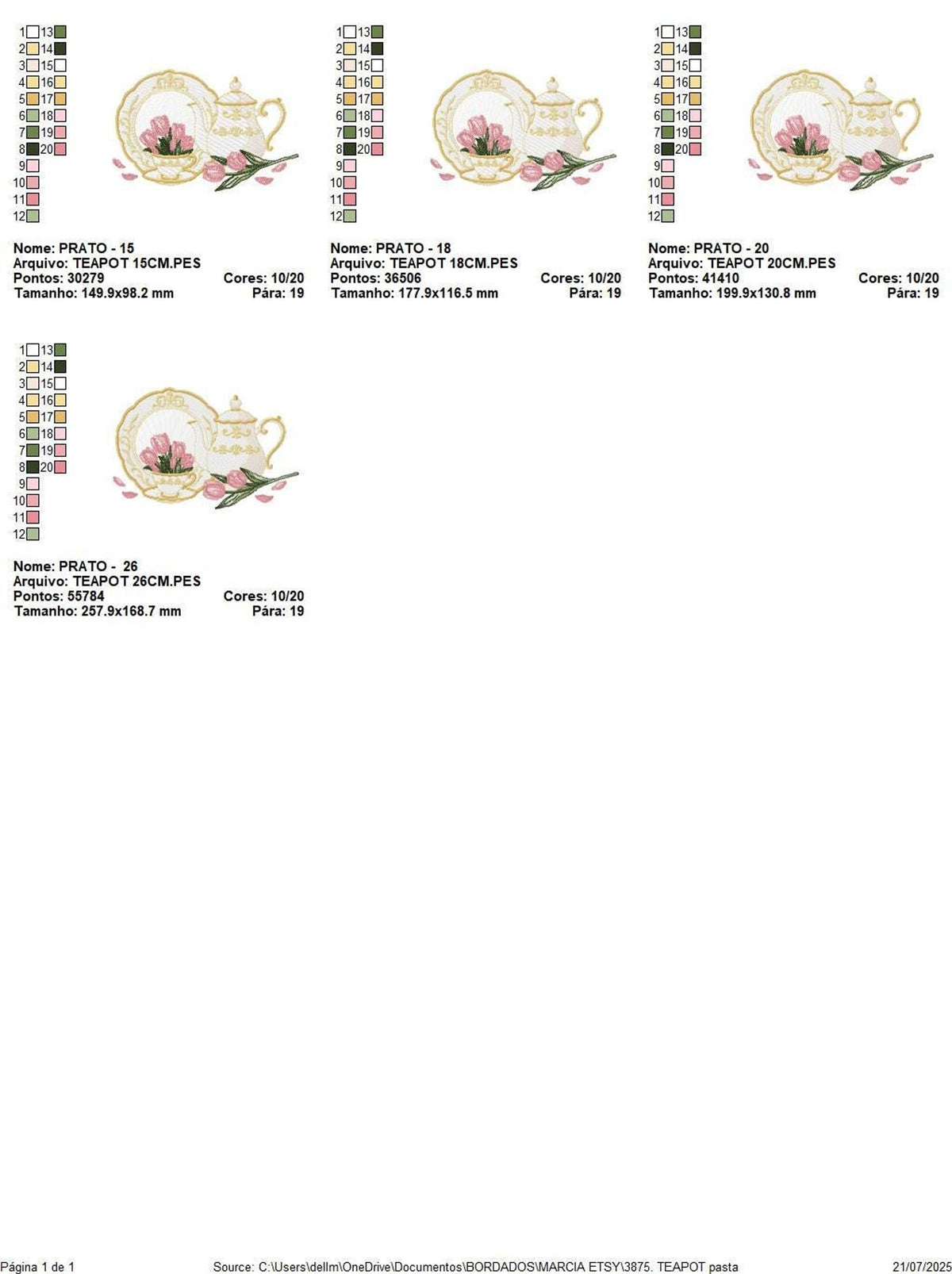 Array of hoop size previews for teapot and teacup embroidery design, thumbnails showing scale variations and placements