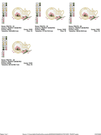 Array of hoop size previews for teapot and teacup embroidery design, thumbnails showing scale variations and placements