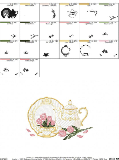 Stitch order diagrams and step icons for teapot and teacup embroidery design, guides for hooping and sequence