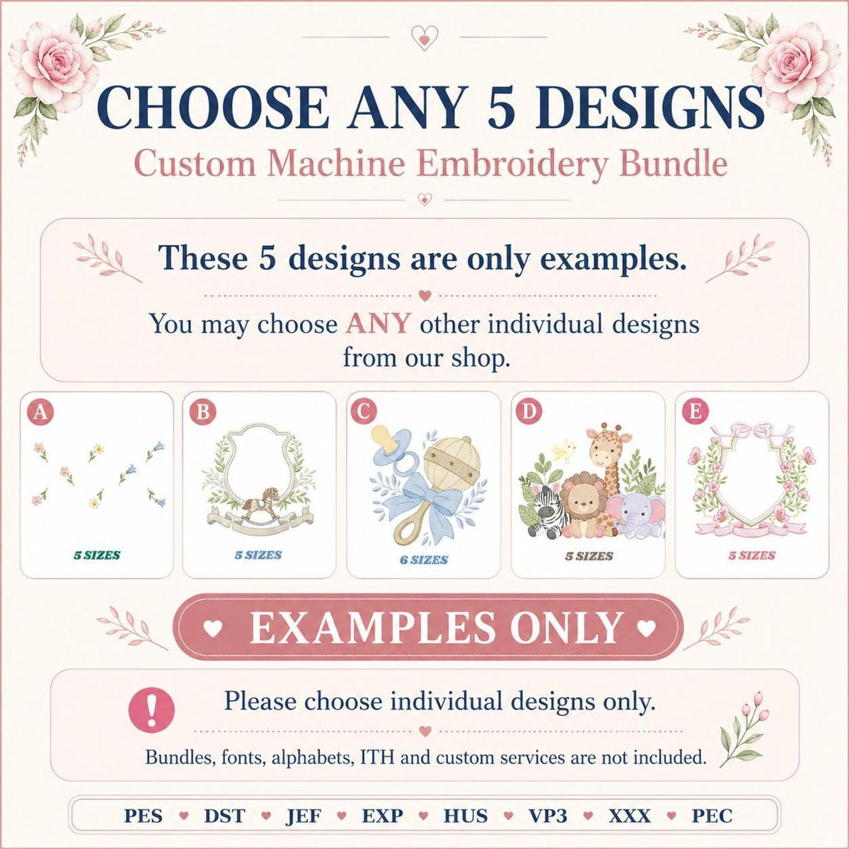 Top banner, choose any 5 designs examples, pastel samples for custom machine embroidery design bundle