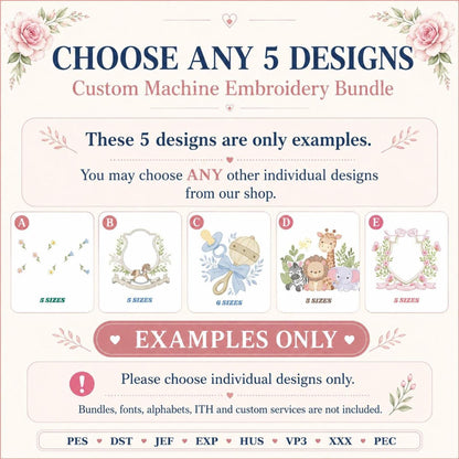 Top banner, choose any 5 designs examples, pastel samples for custom machine embroidery design bundle