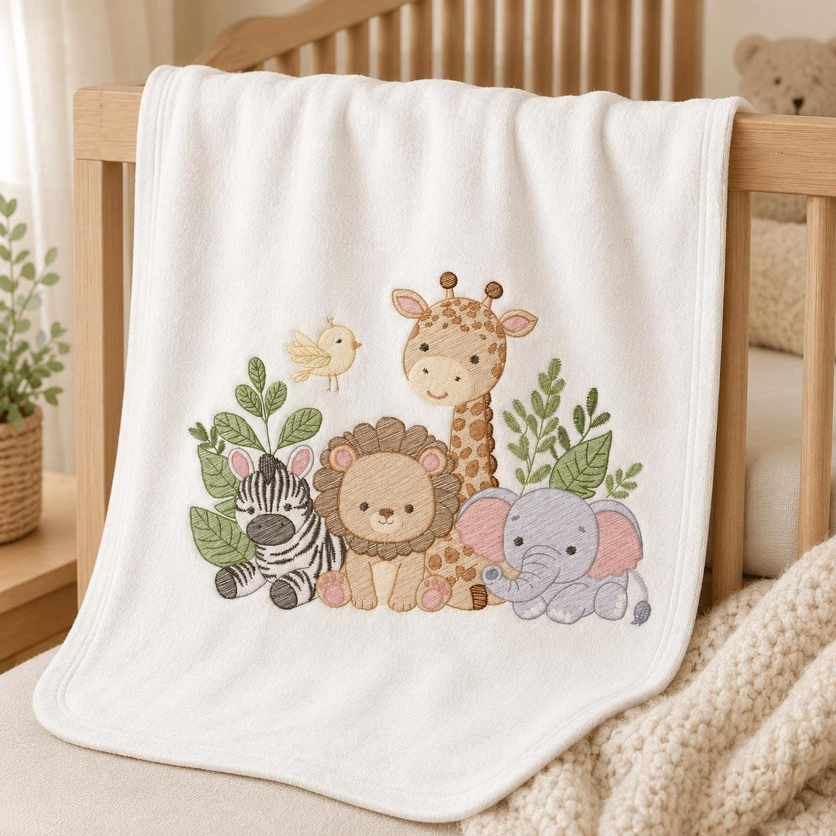 Small blanket draped over chair, giraffe lion and elephant trio embroidered, cute animal embroidery designs for nursery