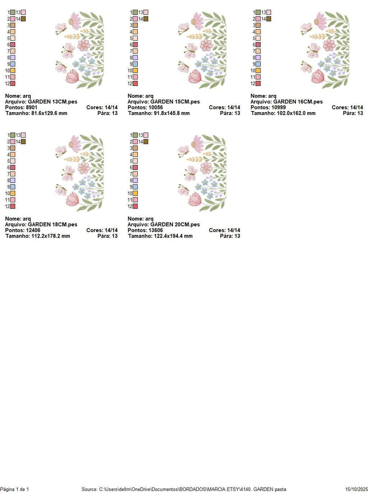 Set of thumbnail layouts and stitch counts, visual guide to the floral machine embroidery design bundle contents