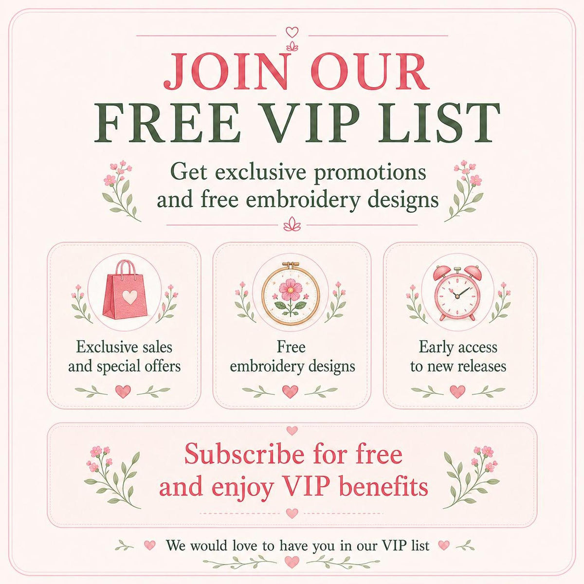 Promotional pink card inviting customers to join free VIP list, perks for embroidery machine download subscribers
