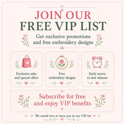 Promotional pink card inviting customers to join free VIP list, perks for embroidery machine download subscribers