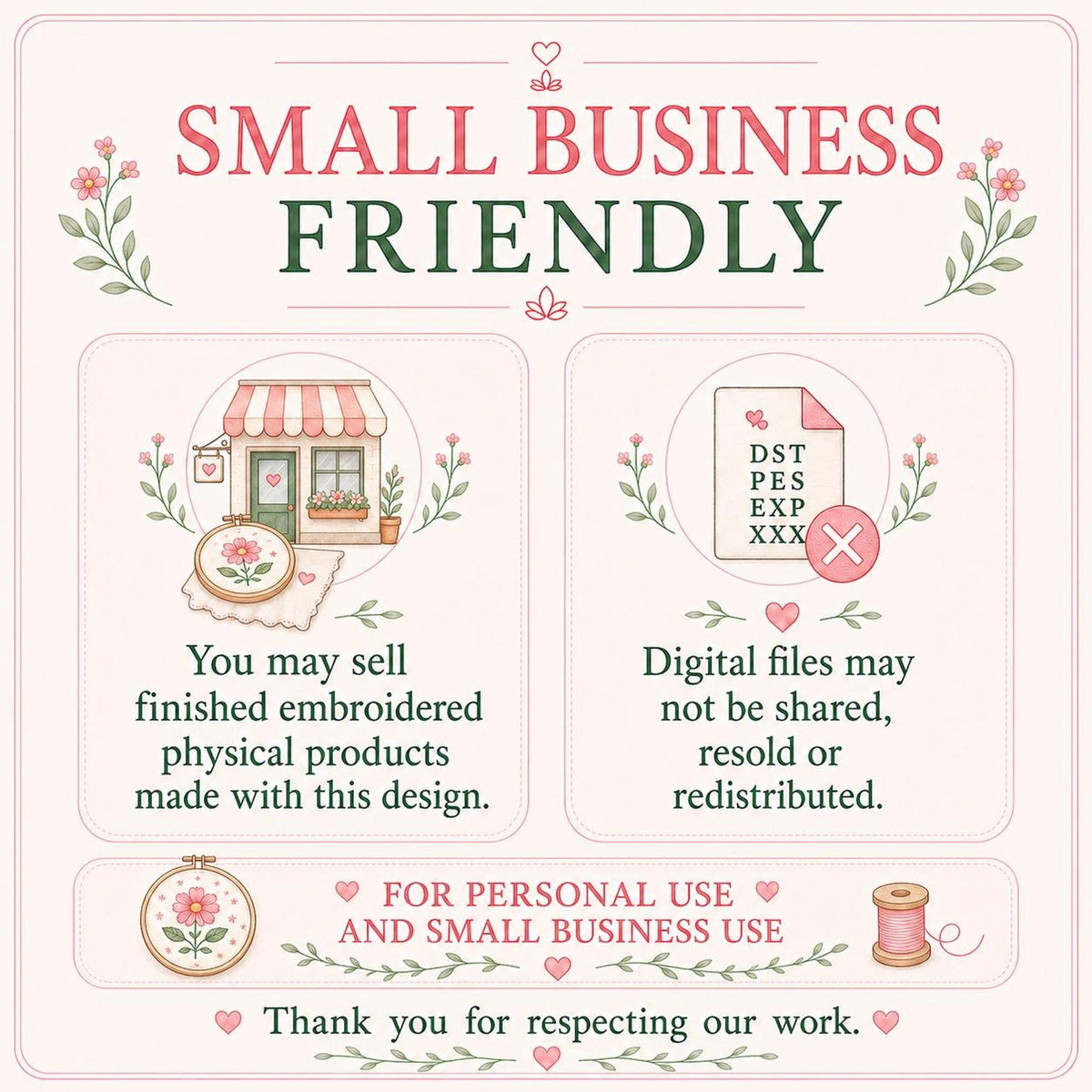 Small business friendly badge style card, licensing note for using floral embroidery designs for towels and goods