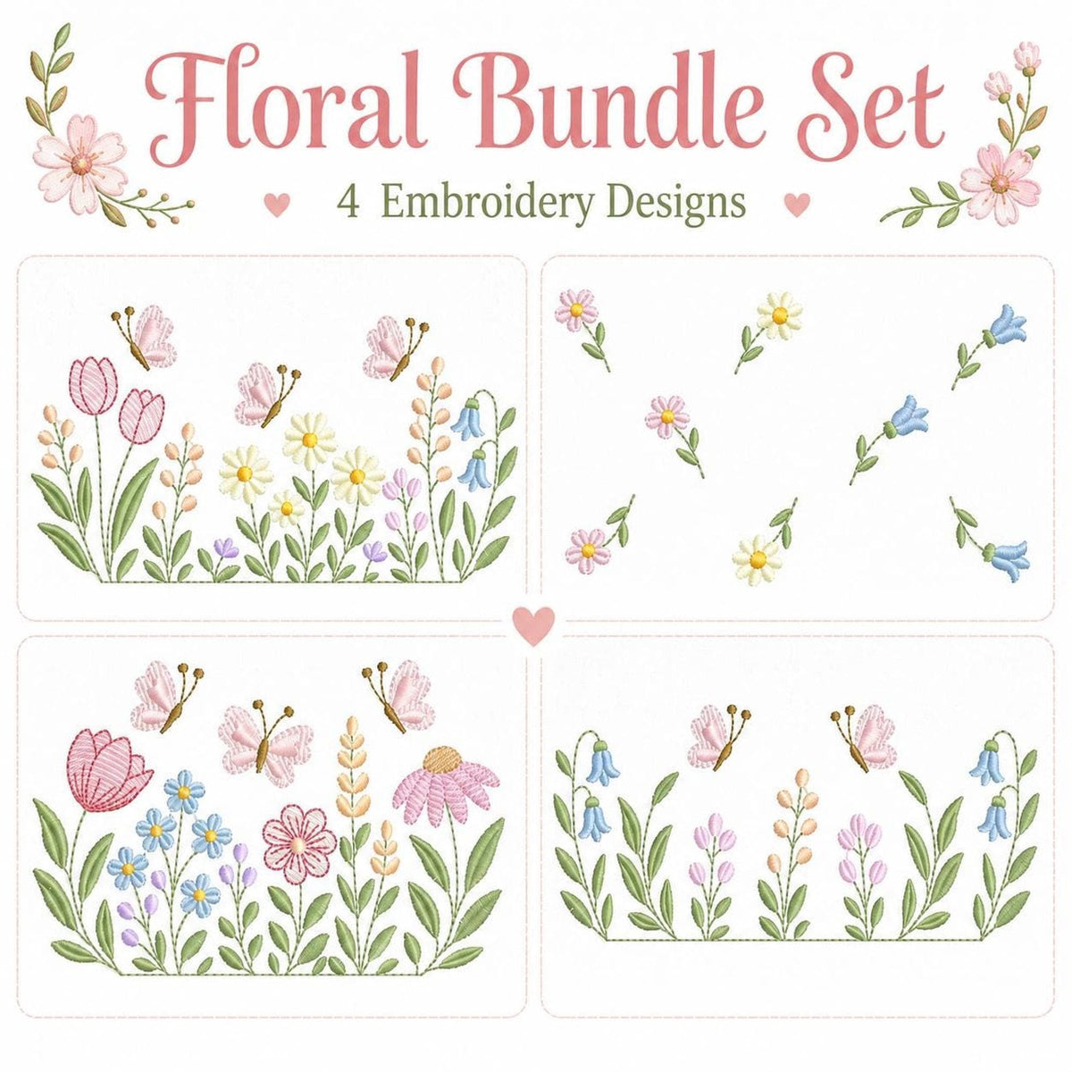 Title panel and four thumbnail floral machine embroidery design bundle previews, pastel garden motifs