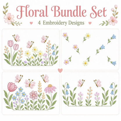 Title panel and four thumbnail floral machine embroidery design bundle previews, pastel garden motifs