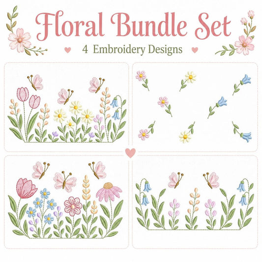 Title panel and four thumbnail floral machine embroidery design bundle previews, pastel garden motifs