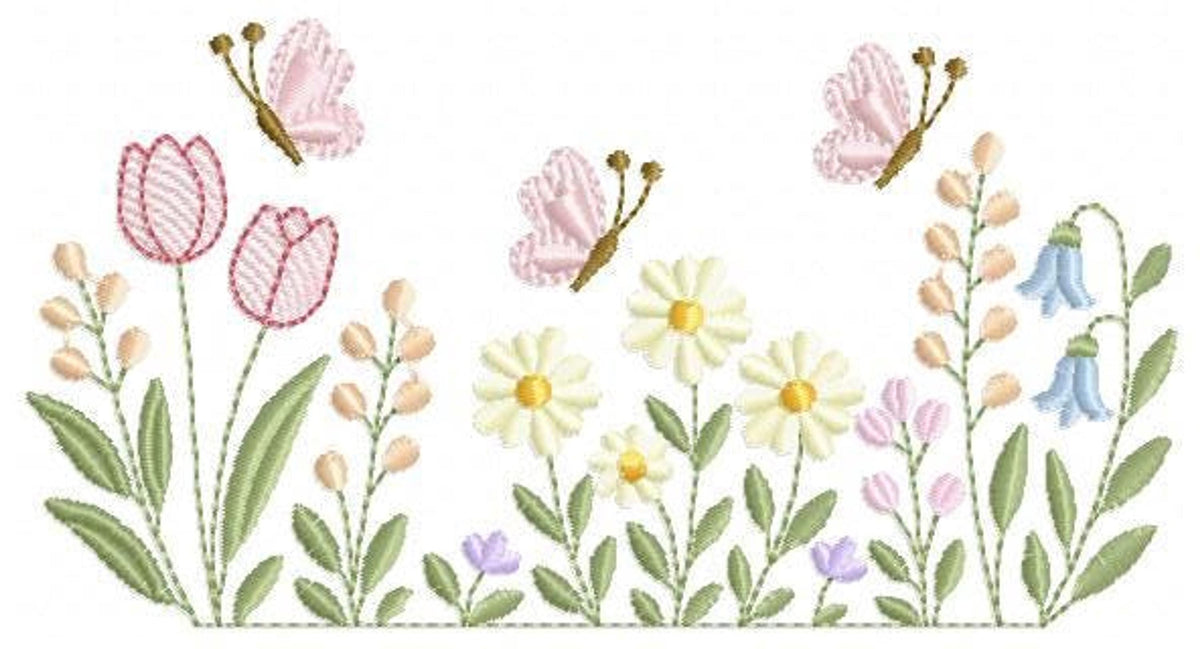 Isolated close-up of tulips, daisies and a single butterfly, detailed flower embroidery machine design cluster