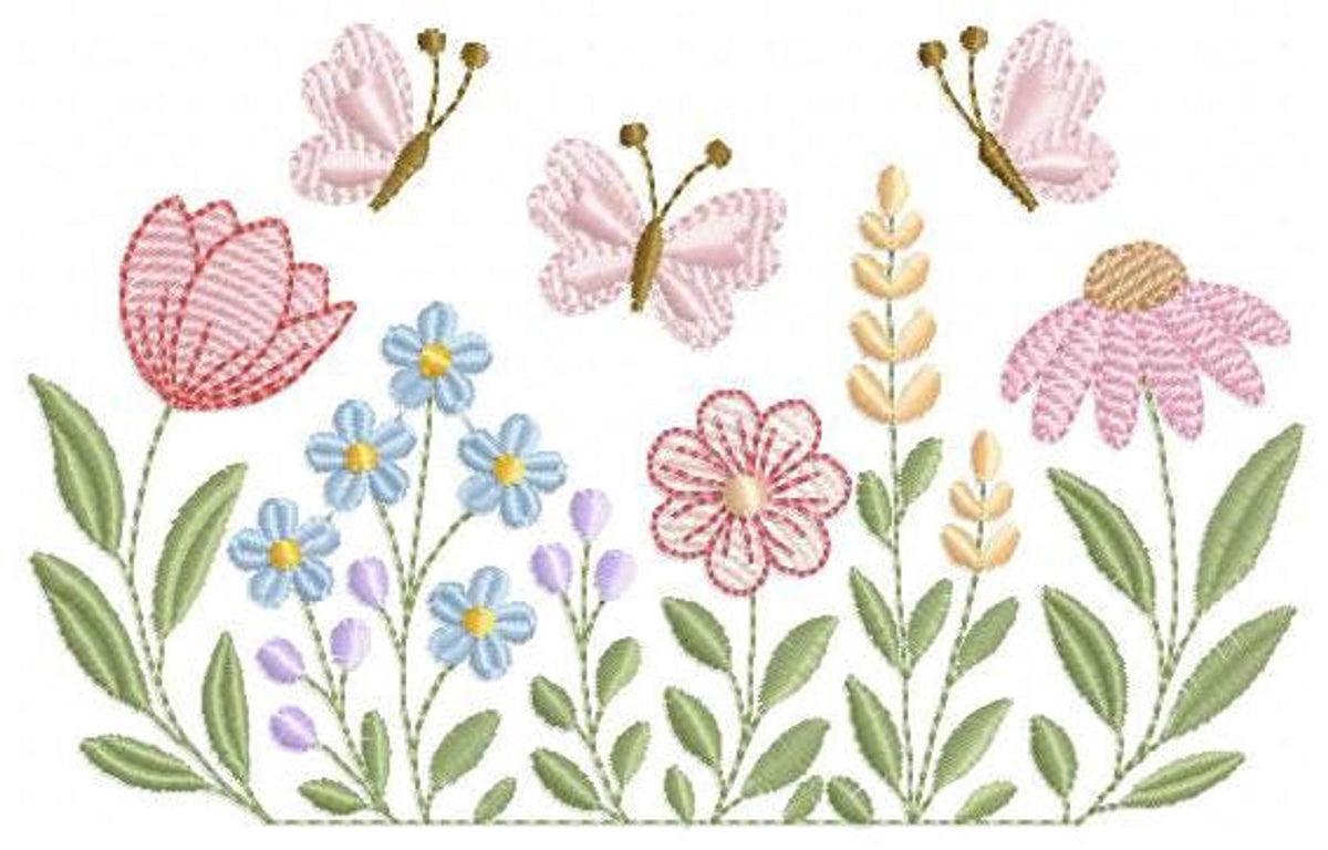 Vivid floral border with coneflowers, blue blossoms and butterflies, colorful garden embroidery design for towels