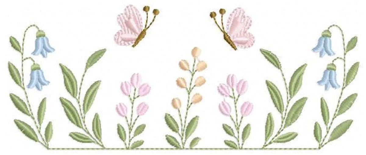 Horizontal floral border with slender stems and fluttering butterflies, wildflower embroidery design for linens