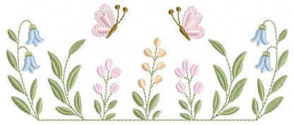 Horizontal floral border with slender stems and fluttering butterflies, wildflower embroidery design for linens