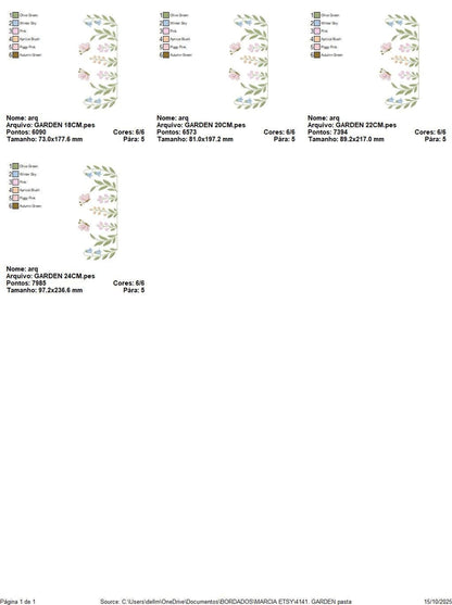 Multiple small format previews arranged, showing stitch color keys and notes for the flower embroidery machine design set