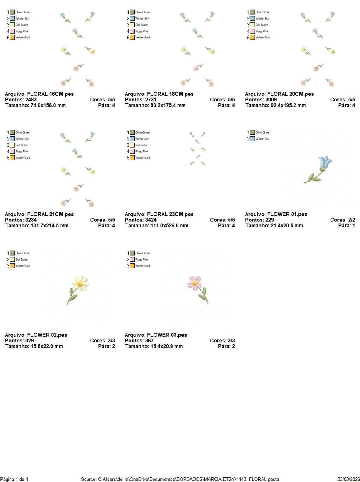 Compact display of design variants and placement guides, demonstrates floral border embroidery design sizes and files