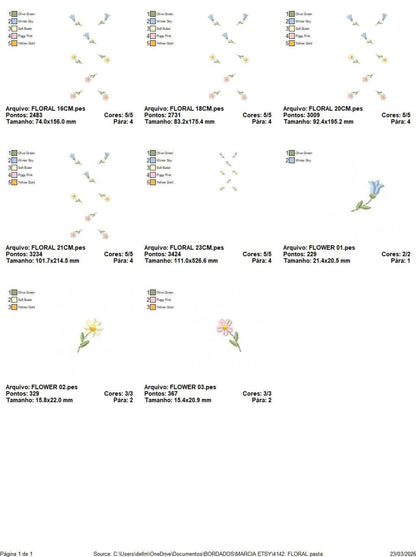 Compact display of design variants and placement guides, demonstrates floral border embroidery design sizes and files