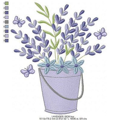 Lavender flowers in a tin bucket embroidery design - Flowers with butterflies machine embroidery pattern - Floral Kitchen Tea towel - Instant download pes jef - Marcia Embroidery
