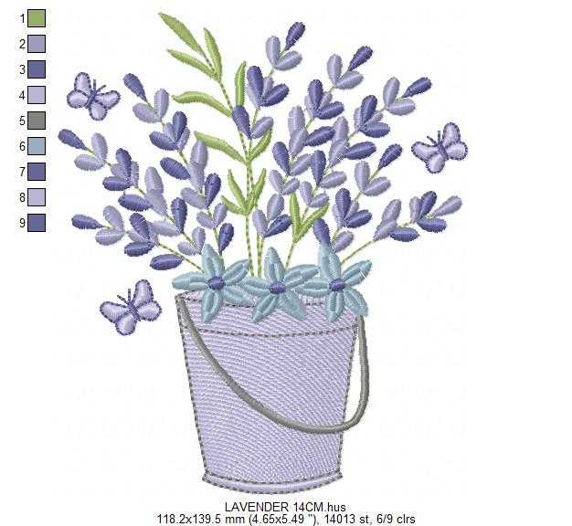 Lavender flowers in a tin bucket embroidery design - Flowers with butterflies machine embroidery pattern - Floral Kitchen Tea towel - Instant download pes jef - Marcia Embroidery