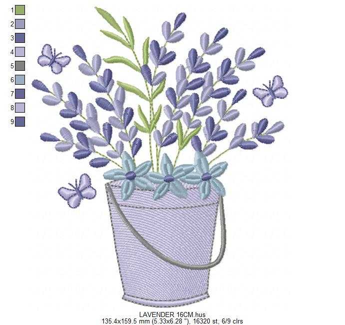 Lavender flowers in a tin bucket embroidery design - Flowers with butterflies machine embroidery pattern - Floral Kitchen Tea towel - Instant download pes jef - Marcia Embroidery