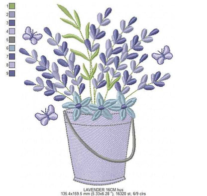 Lavender flowers in a tin bucket embroidery design - Flowers with butterflies machine embroidery pattern - Floral Kitchen Tea towel - Instant download pes jef - Marcia Embroidery