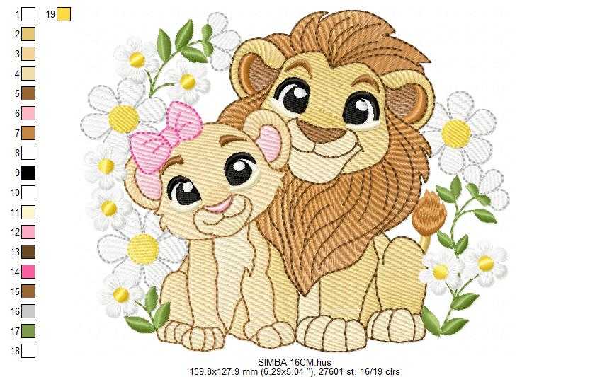 Lion King embroidery design - Simba and Nala with flowers machine embroidery pattern - Baby Boy and girl file - Instant digital download pes jef dst hus vp3 - Marcia Embroidery