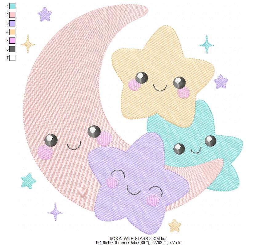 Moon with stars embroidery design - Baby Girl Half moon with happy face machine embroidery pattern - Instant digital download pes jef hus dst vp3 - Marcia Embroidery