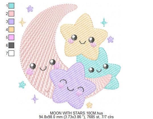 Moon with stars embroidery design - Baby Girl Half moon with happy face machine embroidery pattern - Instant digital download pes jef hus dst vp3 - Marcia Embroidery