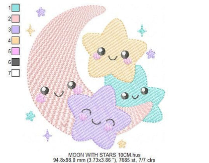 Moon with stars embroidery design - Baby Girl Half moon with happy face machine embroidery pattern - Instant digital download pes jef hus dst vp3 - Marcia Embroidery