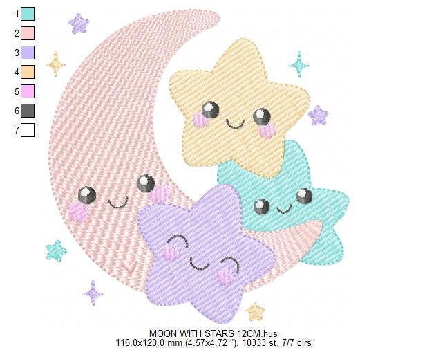 Moon with stars embroidery design - Baby Girl Half moon with happy face machine embroidery pattern - Instant digital download pes jef hus dst vp3 - Marcia Embroidery