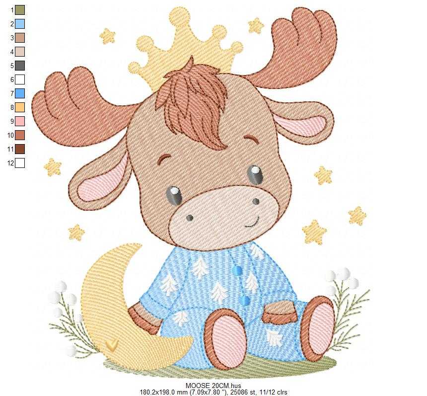Moose embroidery design - Elk with crown moon and stars machine embroidery pattern - Baby Boy with pajamas file - Instant digital download pes jef dst - Marcia Embroidery