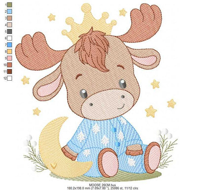 Moose embroidery design - Elk with crown moon and stars machine embroidery pattern - Baby Boy with pajamas file - Instant digital download pes jef dst - Marcia Embroidery
