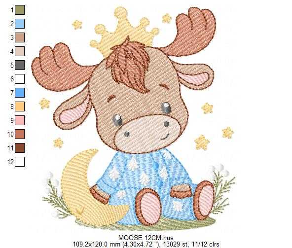 Moose embroidery design - Elk with crown moon and stars machine embroidery pattern - Baby Boy with pajamas file - Instant digital download pes jef dst - Marcia Embroidery