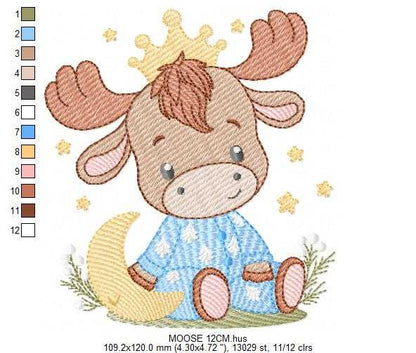 Moose embroidery design - Elk with crown moon and stars machine embroidery pattern - Baby Boy with pajamas file - Instant digital download pes jef dst - Marcia Embroidery