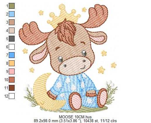Moose embroidery design - Elk with crown moon and stars machine embroidery pattern - Baby Boy with pajamas file - Instant digital download pes jef dst - Marcia Embroidery