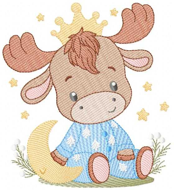 Moose embroidery design - Elk with crown moon and stars machine embroidery pattern - Baby Boy with pajamas file - Instant digital download pes jef dst - Marcia Embroidery