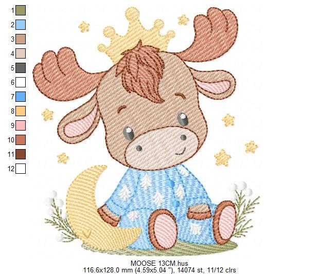 Moose embroidery design - Elk with crown moon and stars machine embroidery pattern - Baby Boy with pajamas file - Instant digital download pes jef dst - Marcia Embroidery