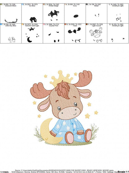 Moose embroidery design - Elk with crown moon and stars machine embroidery pattern - Baby Boy with pajamas file - Instant digital download pes jef dst - Marcia Embroidery