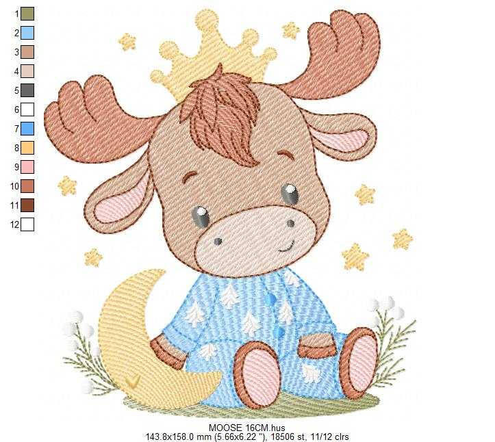 Moose embroidery design - Elk with crown moon and stars machine embroidery pattern - Baby Boy with pajamas file - Instant digital download pes jef dst - Marcia Embroidery