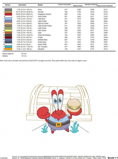 Mr Crabs embroidery design - SpongeBob SquarePants cartoon machine embroidery pattern - Baby boy and girl file - Instant digital download pes jef dst - Marcia Embroidery