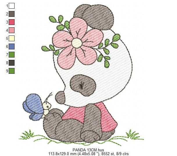 Panda embroidery design - Animal with flower and butterfly machine embroidery pattern - Baby girl file - Instant digital download pes jef dst - Marcia Embroidery