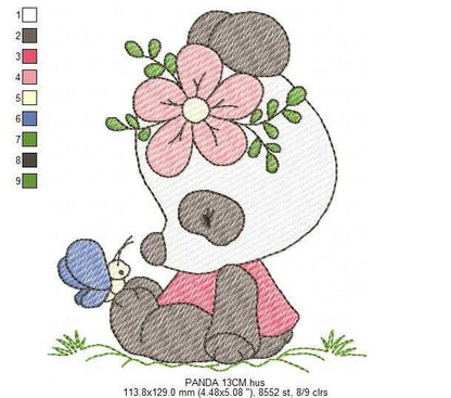 Panda embroidery design - Animal with flower and butterfly machine embroidery pattern - Baby girl file - Instant digital download pes jef dst - Marcia Embroidery