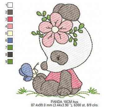 Panda embroidery design - Animal with flower and butterfly machine embroidery pattern - Baby girl file - Instant digital download pes jef dst - Marcia Embroidery